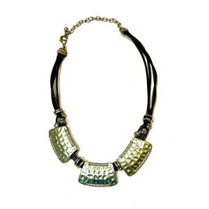 NECKLACE Brutalist Hammered silver metal COOL CAS leather Cords.Retro.Nonbinary